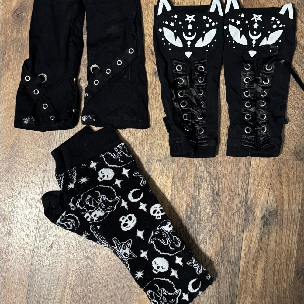 Tripp NYC black gloves and Killstar cat gloves and long socks